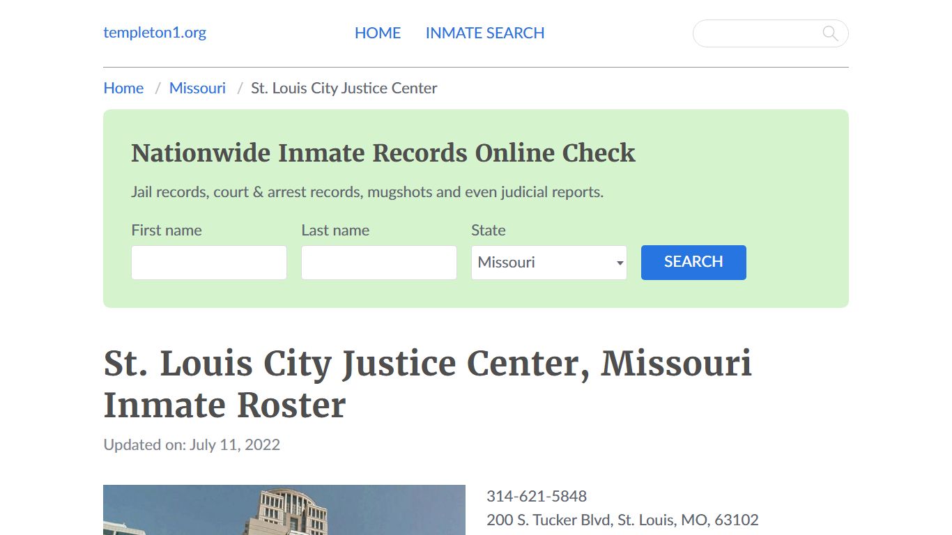 St. Louis City Justice Center, Missouri Inmate Booking - Templeton