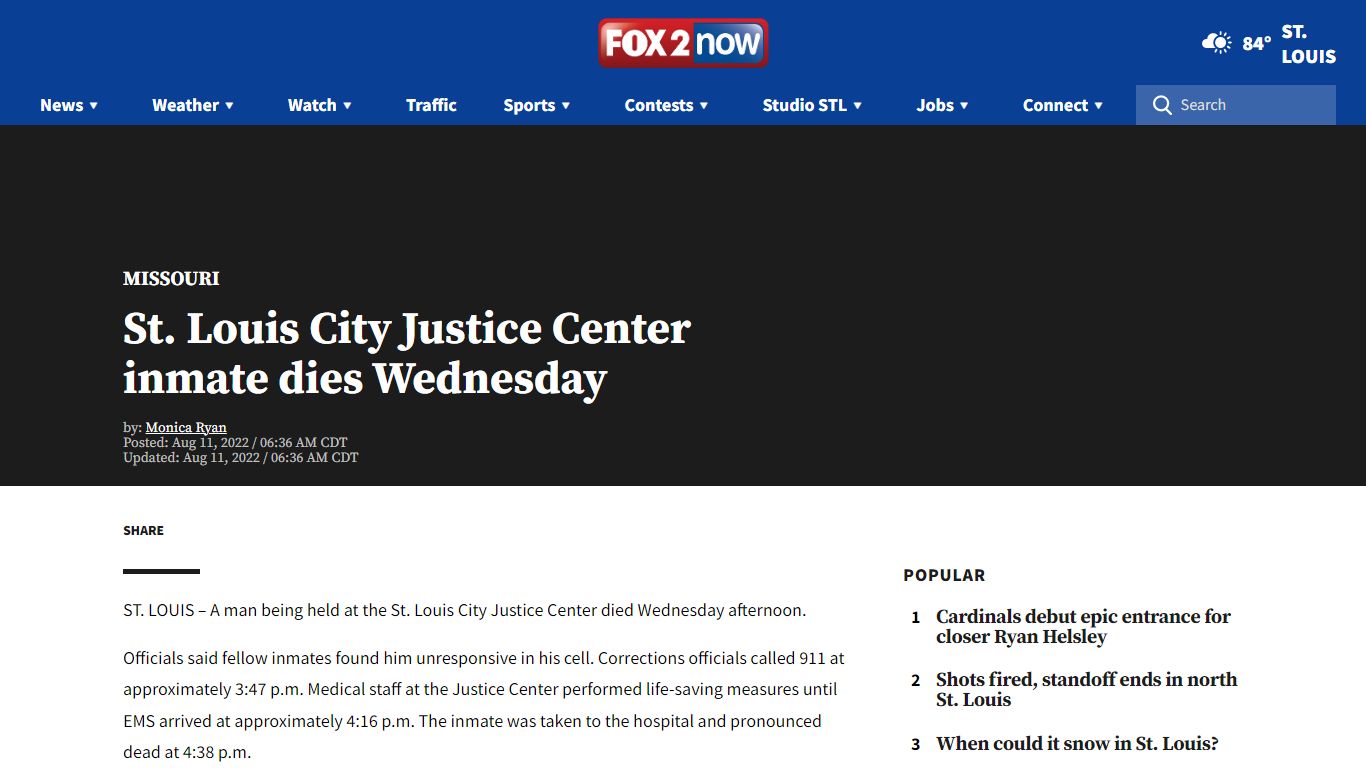 St. Louis City Justice Center inmate dies Wednesday | FOX 2